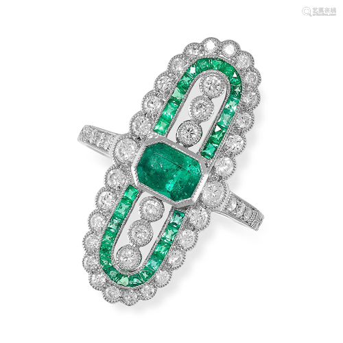 AN EMERALD AND DIAMOND RING the scalloped edged face set wit...