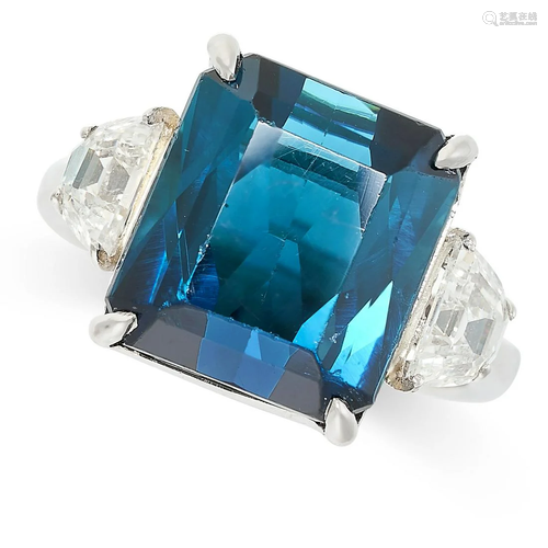 AN INDICOLITE TOURMALINE AND DIAMOND RING set with an octago...