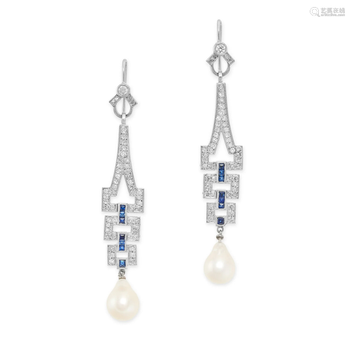 A PAIR OF DIAMOND, SAPPHIRE AND PEARL DROP EARRINGS the geom...