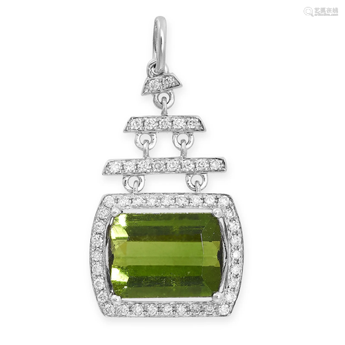 A GREEN TOURMALINE AND DIAMOND PENDANT set with a mixed step...