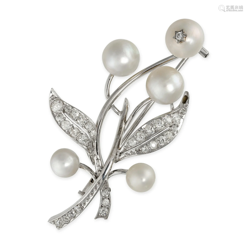 A NATURAL PEARL AND DIAMOND FLOWER SPRAY BROOCH comprising f...