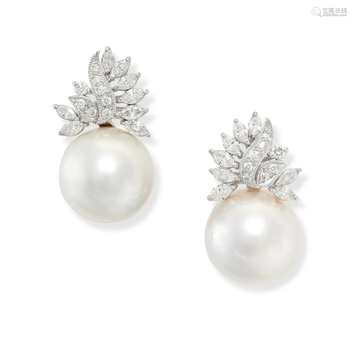 A PAIR OF DIAMOND AND PEARL DROP EARRINGS each set with a So...