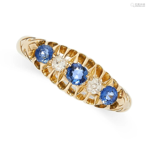 AN ANTIQUE SAPPHIRE AND DIAMOND FIVE STONE RING in 18ct yell...