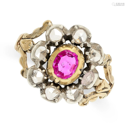 AN ANTIQUE RUBY AND DIAMOND CLUSTER RING in yellow gold and ...