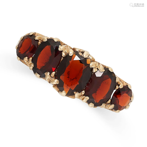 A VINTAGE RED PASTE FIVE STONE RING in 9ct gold, set with fi...