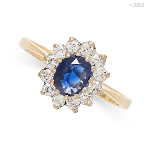 A VINTAGE SAPPHIRE AND DIAMOND CLUSTER RING in 18ct yellow g...