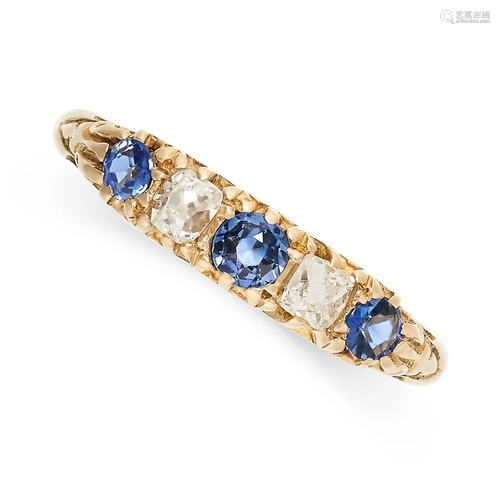 AN ANTIQUE SAPPHIRE AND DIAMOND FIVE STONE RING in 18ct yell...