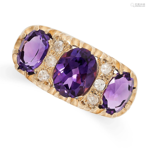 A VINTAGE AMETHYST AND DIAMOND RING in 9ct yellow gold, set ...