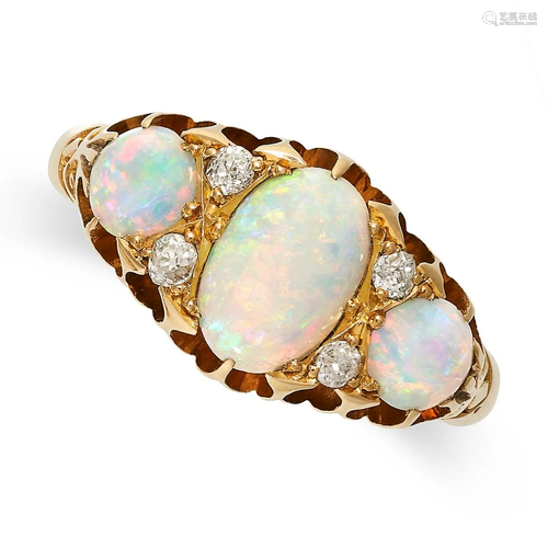 AN ANTIQUE VICTORIAN OPAL AND DIAMOND RING, 1897 in 18ct yel...