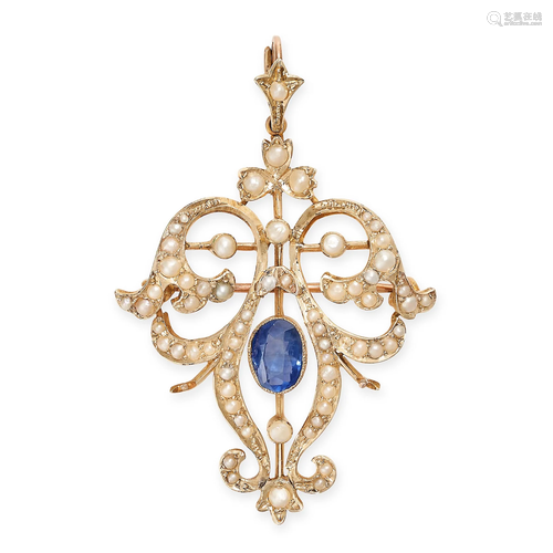 A VINTAGE SAPPHIRE AND SEED PEARL PENDANT / BROOCH set with ...