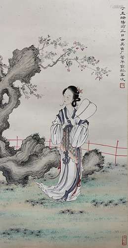管平湖 持扇侍女 立轴 纸本