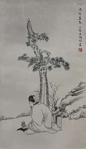 王心竞 松下高士抚琴 镜芯 纸本