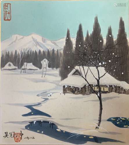 吴冠中 雪景油画 設色绢夲 镜框