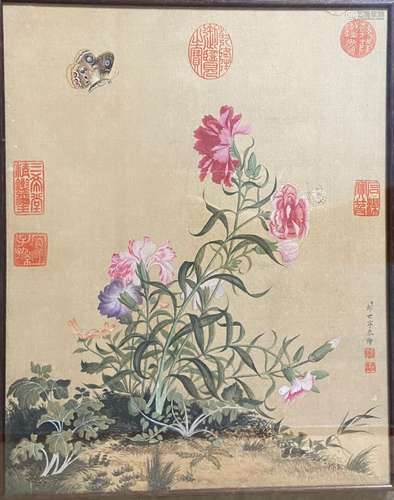 郎世宁 花卉 設色紙夲 镜框