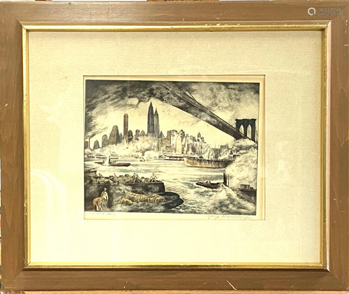 George Hausdorf Colored Etching "Brooklyn Bridge"