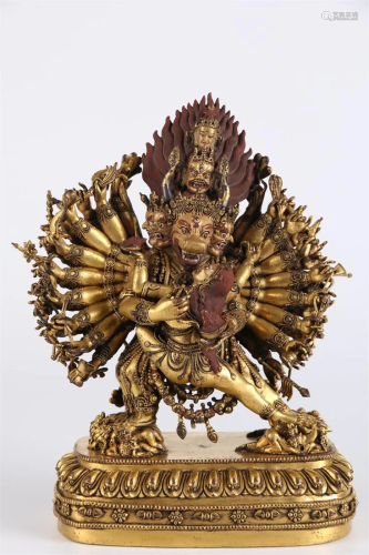 A TIBETAN GILT Bronze YAMANTAKA BUDDHA STATUE.