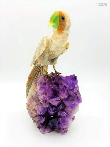 Large Quartz Parrot On Amethyst Geode