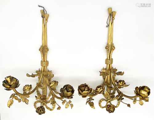 Pair Antique French Gilt Bronze Floral Sconces