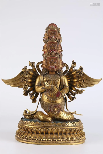 A TIBETAN GILT Bronze SNAKE-BODY BUDDHA STATUE.