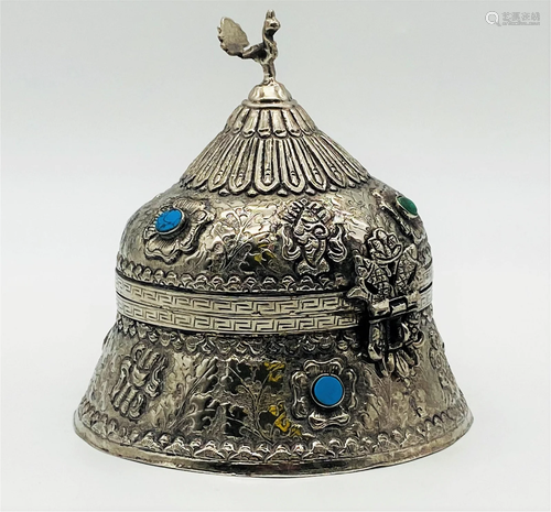 Vintage Tibetan Silver Plate Domed Ritual Box