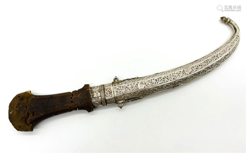 19C Turkish Ottoman Islamic Silver, Horn Dagger