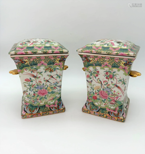 Pr Chinese Famille Rose Lidded Porcelain Cachepots