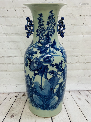 Large 19C Chinese Blue & White Bird & Flower Urn