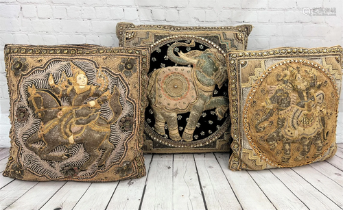 3 Vintage Burmese Kalaga Tapestry Pillows