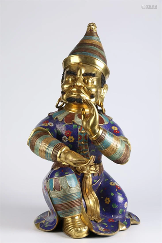A GILT Bronze CLOISONNE HUNNI STATUE.