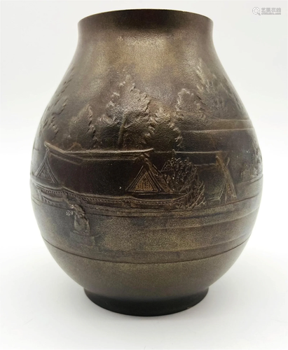 Antique Japanese Bronze Landscape Vase