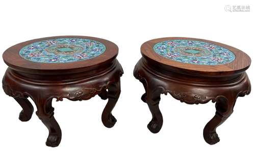 Two Chinese Cloisonne & Carved Wood Low Tables