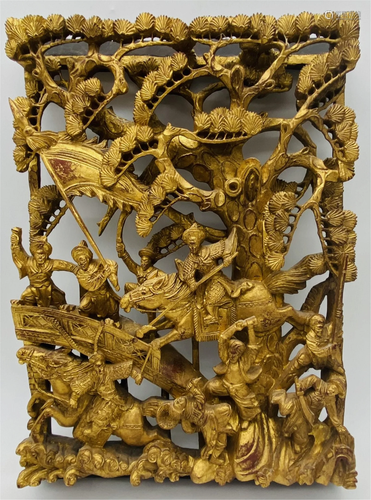 Antique Chinese Deep Relief Carved Gilt Panel