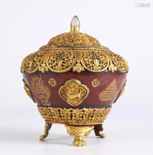 A GILT Bronze LIDDED JAR, INLAID WITH JEWELS.