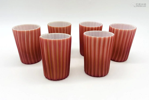 6 Victorian Cased Satin Glass Ribbed Tumblers