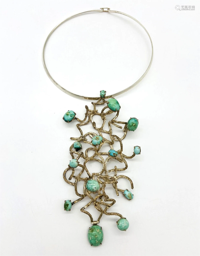 Mexican Silver & Turquoise Brutalist Necklace