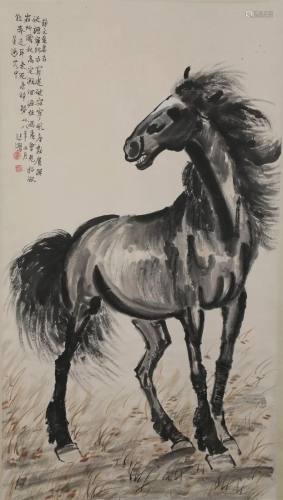 A HORSE PAINTING ON PAPER BY XU BEIHONG.