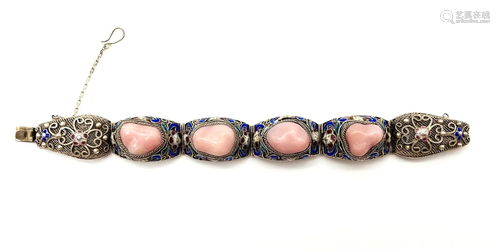 Chinese Enameled Silver, Pink Quartz Bracelet