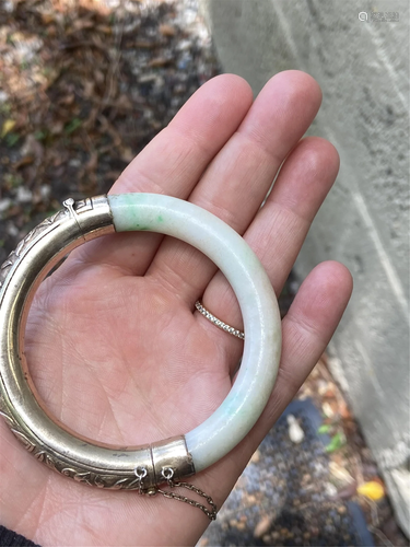 Vintage Chinese Jade & Silver Bangle Bracelet