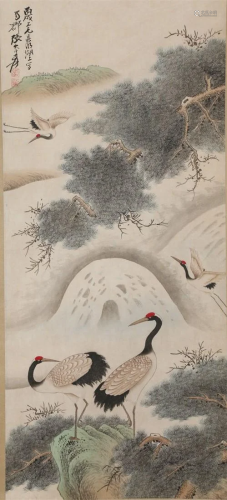 A PINE AND CRANES PAINTING BY ZHANG DAQIAN.