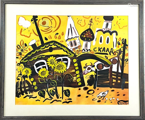 Glatkov (20th C) Gouache "Farm Scene"