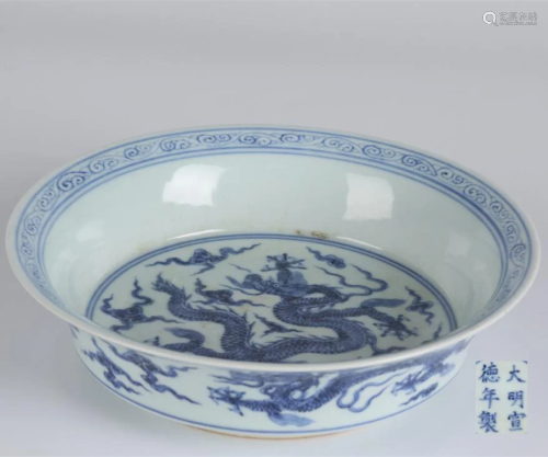 A BLUE-AND-WHITE DISH WITH DRAGON DESIGN.