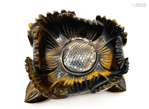 Chinese Carved Tiger Eye Flower Form Brush Washer