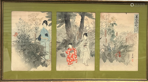 Antique Japanese Sumidagawa Tryptich Woodblock