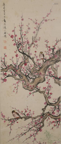 A MAGPIES AND PLUM BLOSSOMS PAINTING ON PAPER.