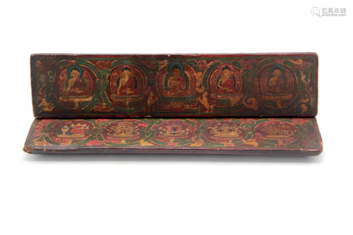 Antique Tibetan Manuscript Book Cover w/ Five Buddha