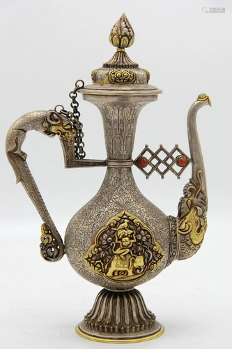 A Tibetan Gilt Silver Ritual Ewer