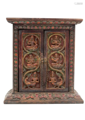Antique Tibetan Small, Wood Travel Shrine Box