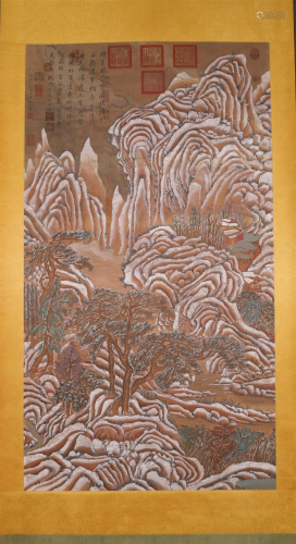 A Fine Snowscape Silk Scroll Painting By Guan Tong