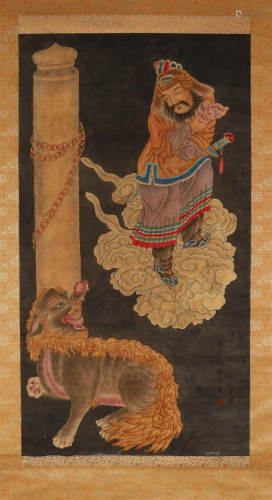 A Lovely Figure& Beast Scroll Painting By Liu Songnian
