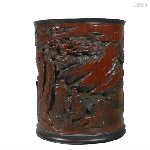 A Bamboo 'Landscape& Figure' Brush Pot With Po...